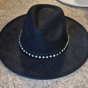 Black Wide-Brim Felt Hat with Rhinestone Band
